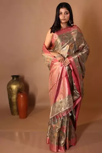 brown hand woven tissue banarasi silk blend all seasons sarees