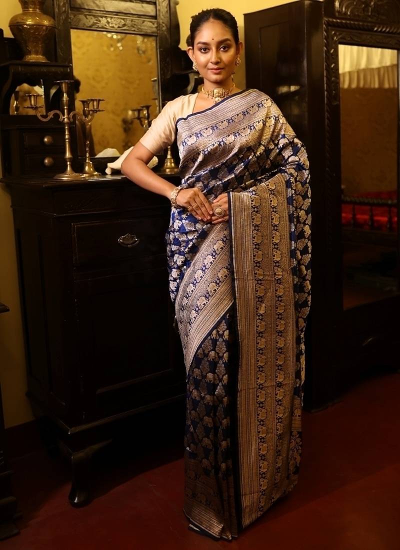 blue hand woven katan silk blend zari woven all seasons sarees