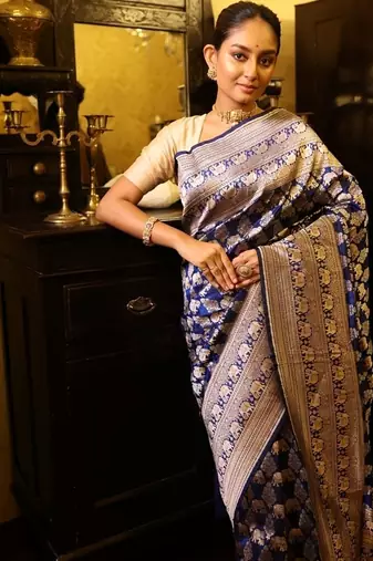 blue hand woven katan silk blend zari woven all seasons sarees