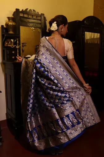 blue hand woven katan silk blend zari woven all seasons sarees