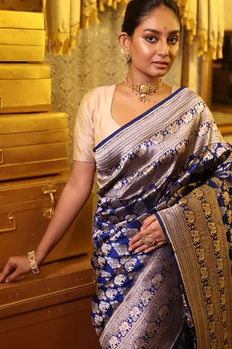 blue hand woven katan silk blend zari woven all seasons sarees