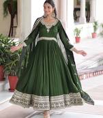 Green heavy embroidered ethnic gown with dupatta
