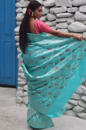 blue hand woven katan silk blend zari woven all seasons sarees