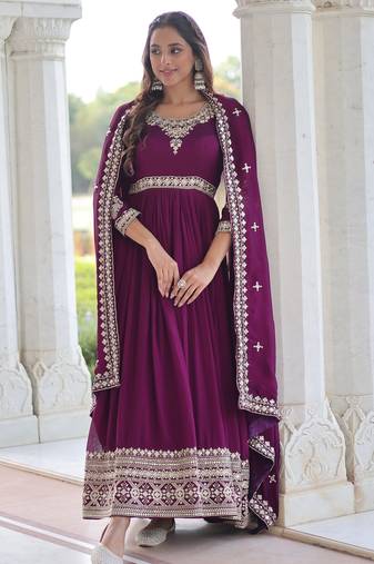 Purple heavy embroidered ethnic gown with dupatta