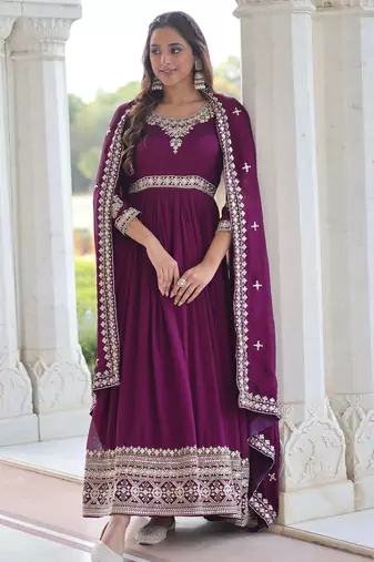Purple heavy embroidered ethnic gown with dupatta