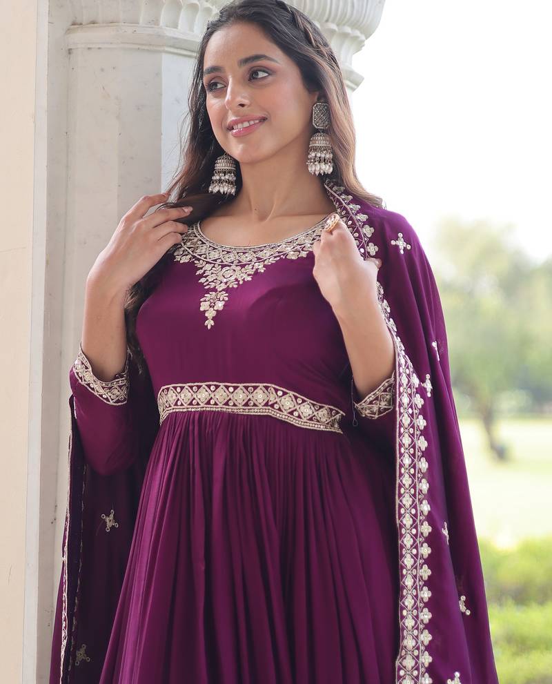 Purple heavy embroidered ethnic gown with dupatta