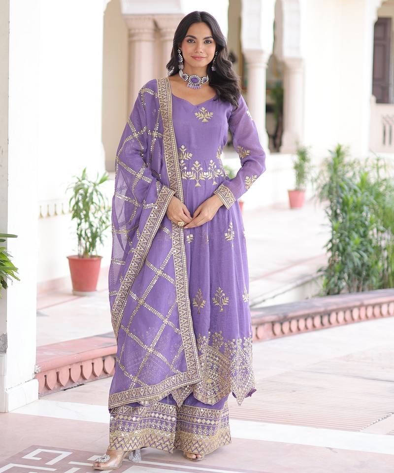 Lavender silver crunchy embroidered sequins embroidered wedding ceremonial sharara suit