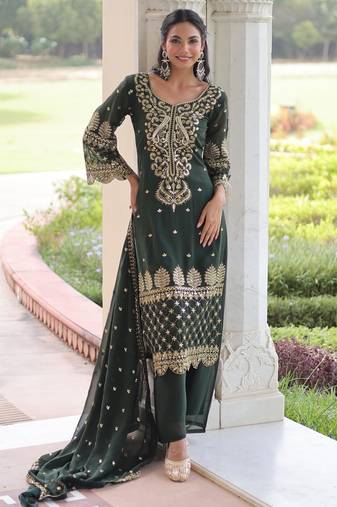 Green faux georgette embroidered sequins embroidered wedding ceremonial sharara suit