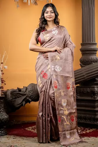 brown woven tussar bengal handloom all seasons sarees