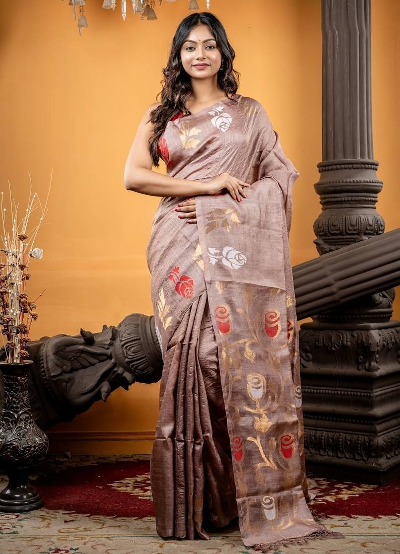 brown woven tussar bengal handloom all seasons sarees