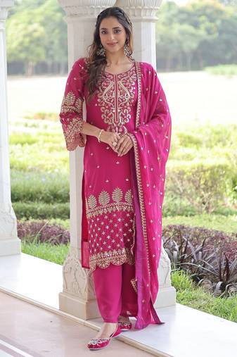 Pink faux georgette embroidered sequins embroidered wedding ceremonial sharara suit