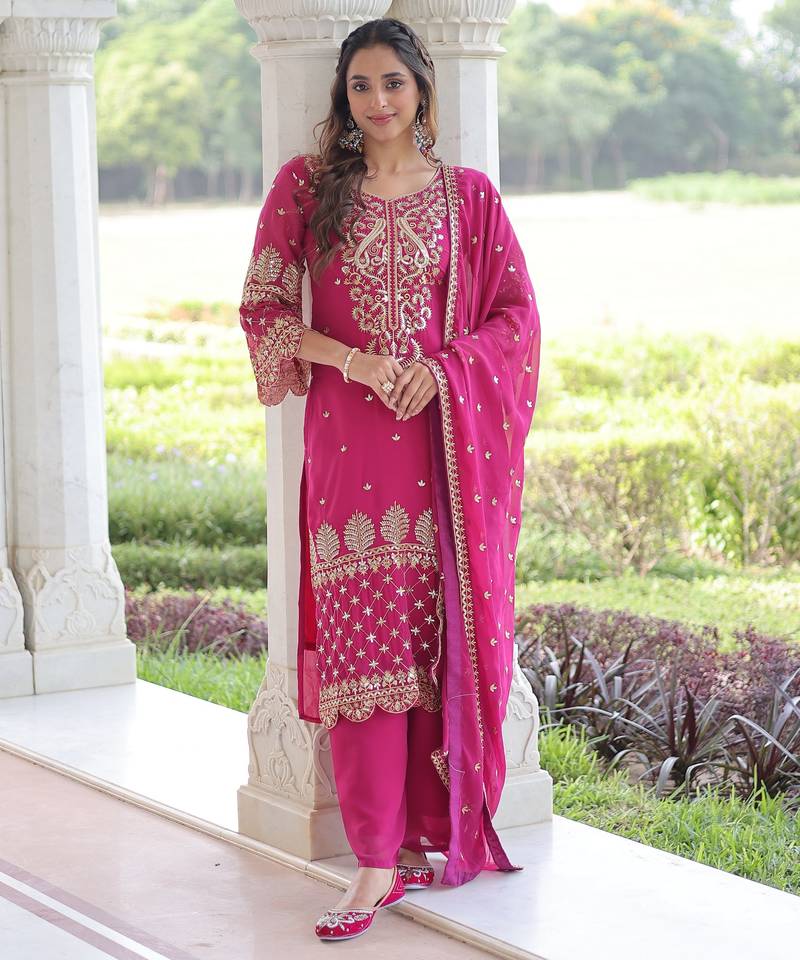 Pink faux georgette embroidered sequins embroidered wedding ceremonial sharara suit