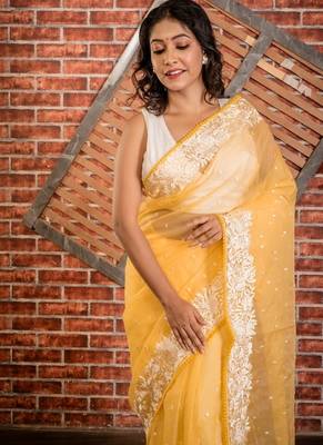 yellow embroidered organza hand embroidery all seasons sarees 2