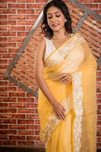 yellow embroidered organza hand embroidery all seasons sarees