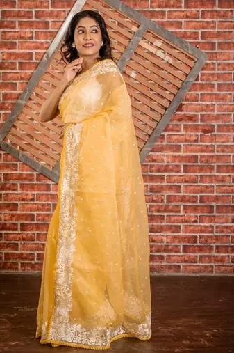 yellow embroidered organza hand embroidery all seasons sarees