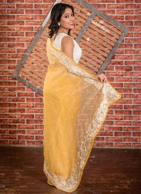 yellow embroidered organza hand embroidery all seasons sarees 4