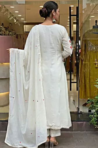 Off white chanderi silk embroidered embroiderd stitched suit