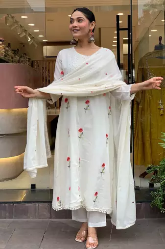 Off white chanderi silk embroidered embroiderd stitched suit