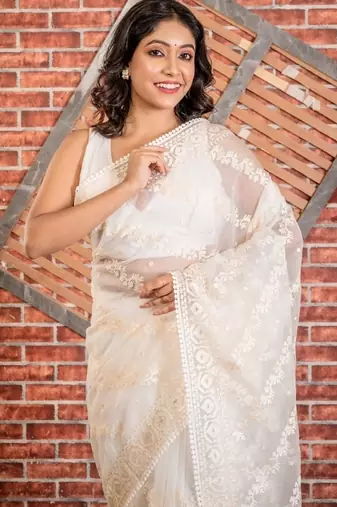 ivory embroidered organza hand embroidery all seasons sarees