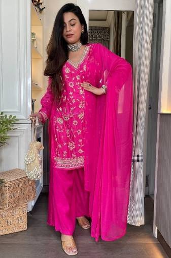 Pink chinon embroidered embroiderd stitched suit