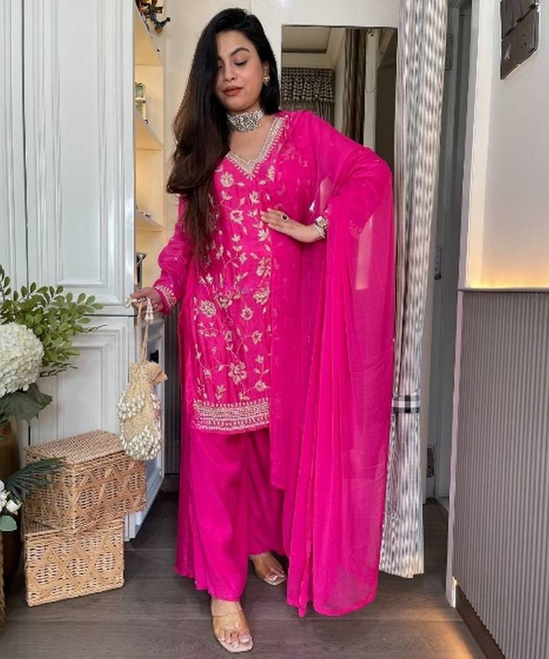 Pink chinon embroidered embroiderd stitched suit