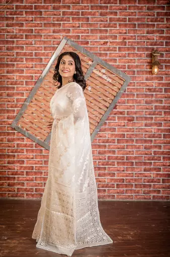ivory embroidered organza hand embroidery all seasons sarees