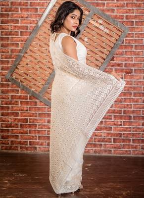 ivory embroidered organza hand embroidery all seasons sarees 4