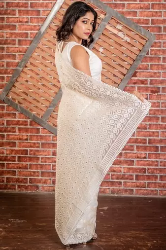 ivory embroidered organza hand embroidery all seasons sarees