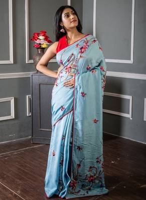 blue embroidered faux silk blend blend hand embroidery all seasons sarees 1