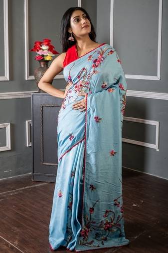 blue embroidered faux silk blend blend hand embroidery all seasons sarees