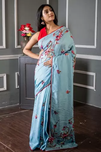 blue embroidered faux silk blend blend hand embroidery all seasons sarees
