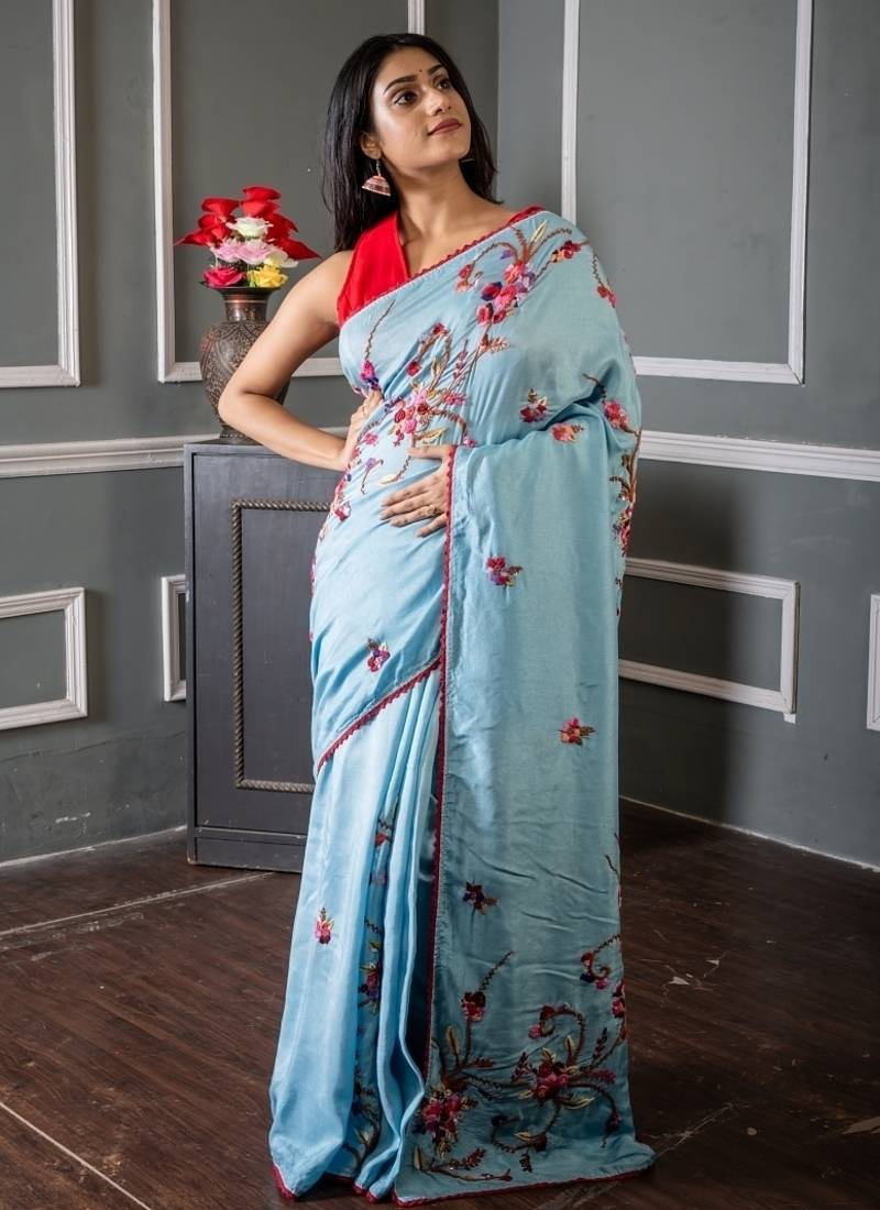 blue embroidered faux silk blend blend hand embroidery all seasons sarees