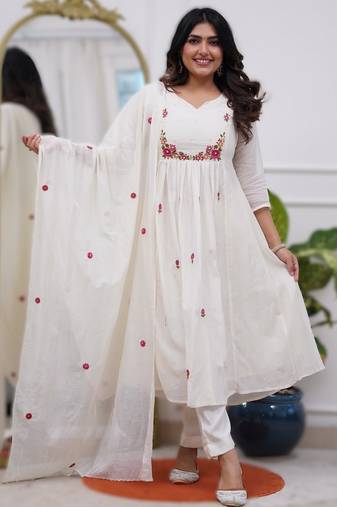 Off white p v chanderi embroidered embroiderd stitched suit