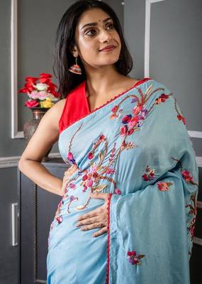 blue embroidered faux silk blend blend hand embroidery all seasons sarees 2