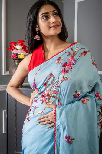 blue embroidered faux silk blend blend hand embroidery all seasons sarees