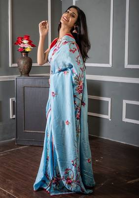 blue embroidered faux silk blend blend hand embroidery all seasons sarees 3