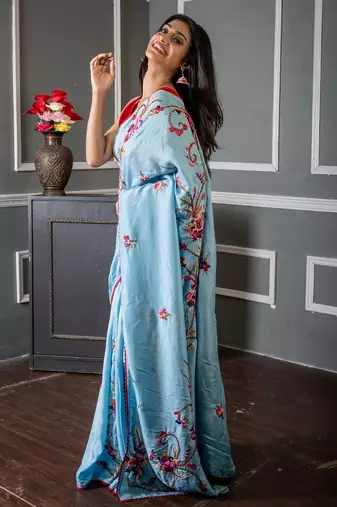 blue embroidered faux silk blend blend hand embroidery all seasons sarees