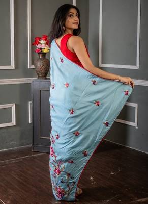blue embroidered faux silk blend blend hand embroidery all seasons sarees 4