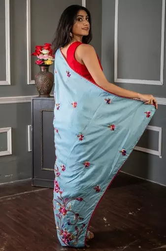 blue embroidered faux silk blend blend hand embroidery all seasons sarees