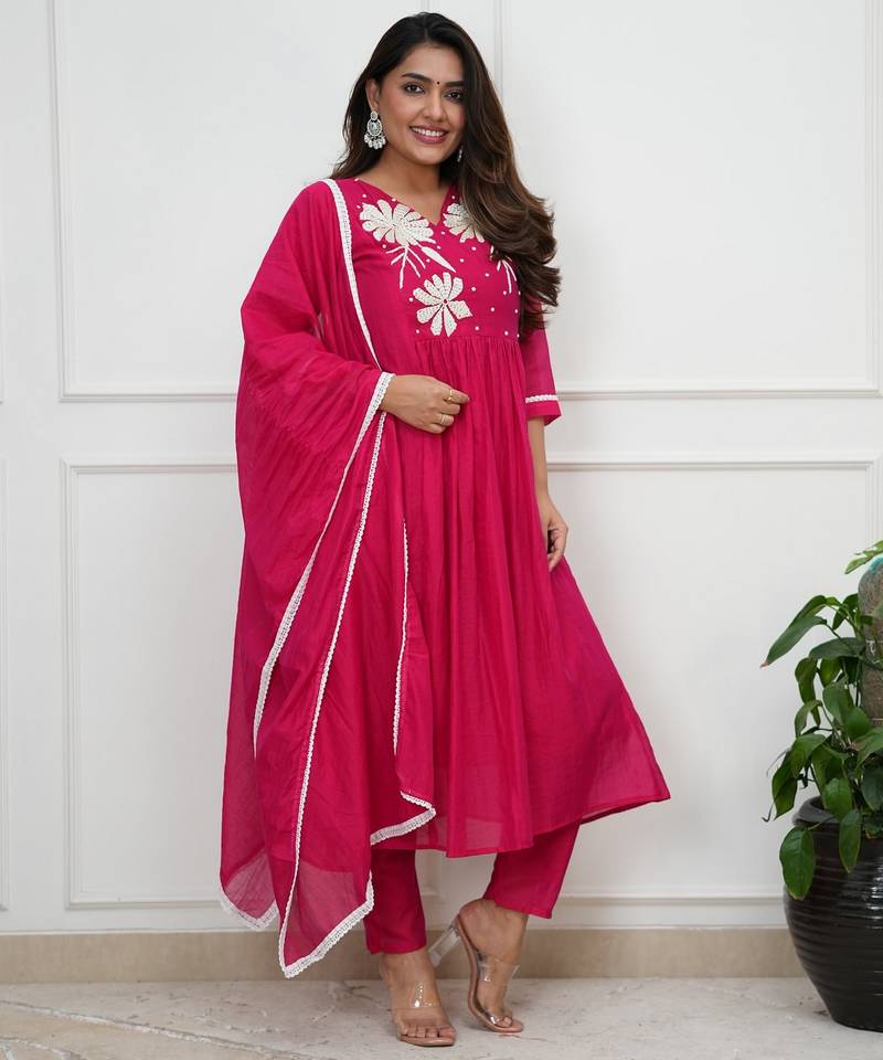 Pink roman silk embroidered embroiderd stitched suit