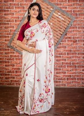 white embroidered faux silk blend blend hand embroidery all seasons sarees 1