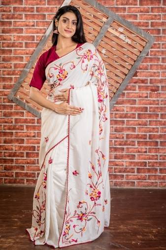 white embroidered faux silk blend blend hand embroidery all seasons sarees