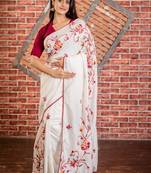 white embroidered faux silk blend blend hand embroidery all seasons sarees