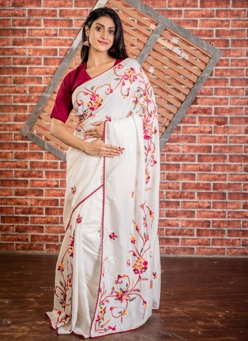 white embroidered faux silk blend blend hand embroidery all seasons sarees