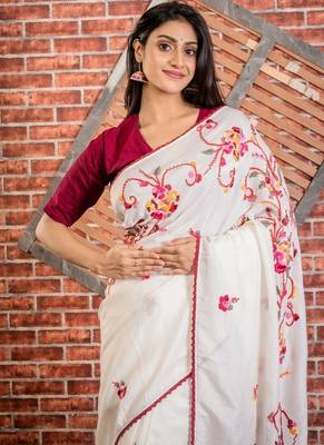 white embroidered faux silk blend blend hand embroidery all seasons sarees 2