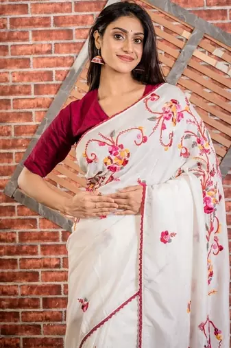 white embroidered faux silk blend blend hand embroidery all seasons sarees