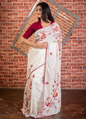 white embroidered faux silk blend blend hand embroidery all seasons sarees 3