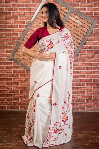 white embroidered faux silk blend blend hand embroidery all seasons sarees