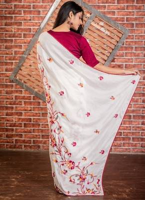 white embroidered faux silk blend blend hand embroidery all seasons sarees 4