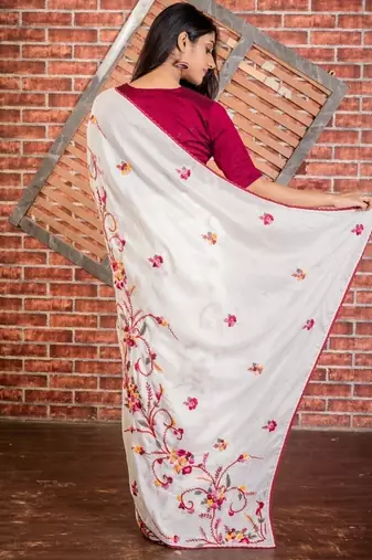white embroidered faux silk blend blend hand embroidery all seasons sarees